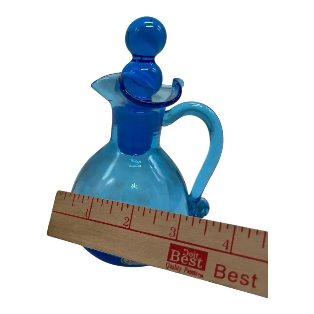 VTG RAINBOW Art Glass Bright Blue Pitcher Vase Decanter Oil Cruet Stopper 5in‎